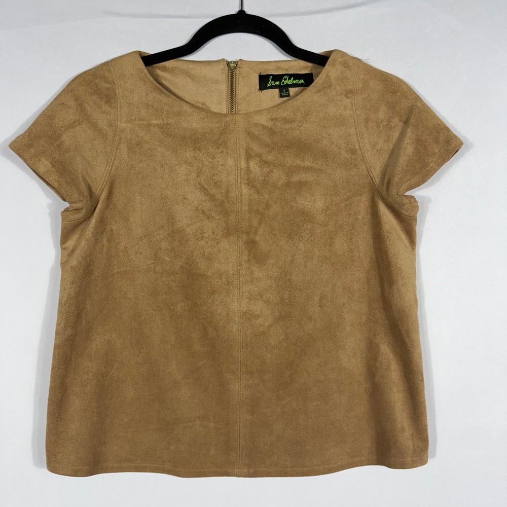 Sam Edelman Faux Suede Split Open Back Short Sleeve Top Tan‎ Camel Small NWOT